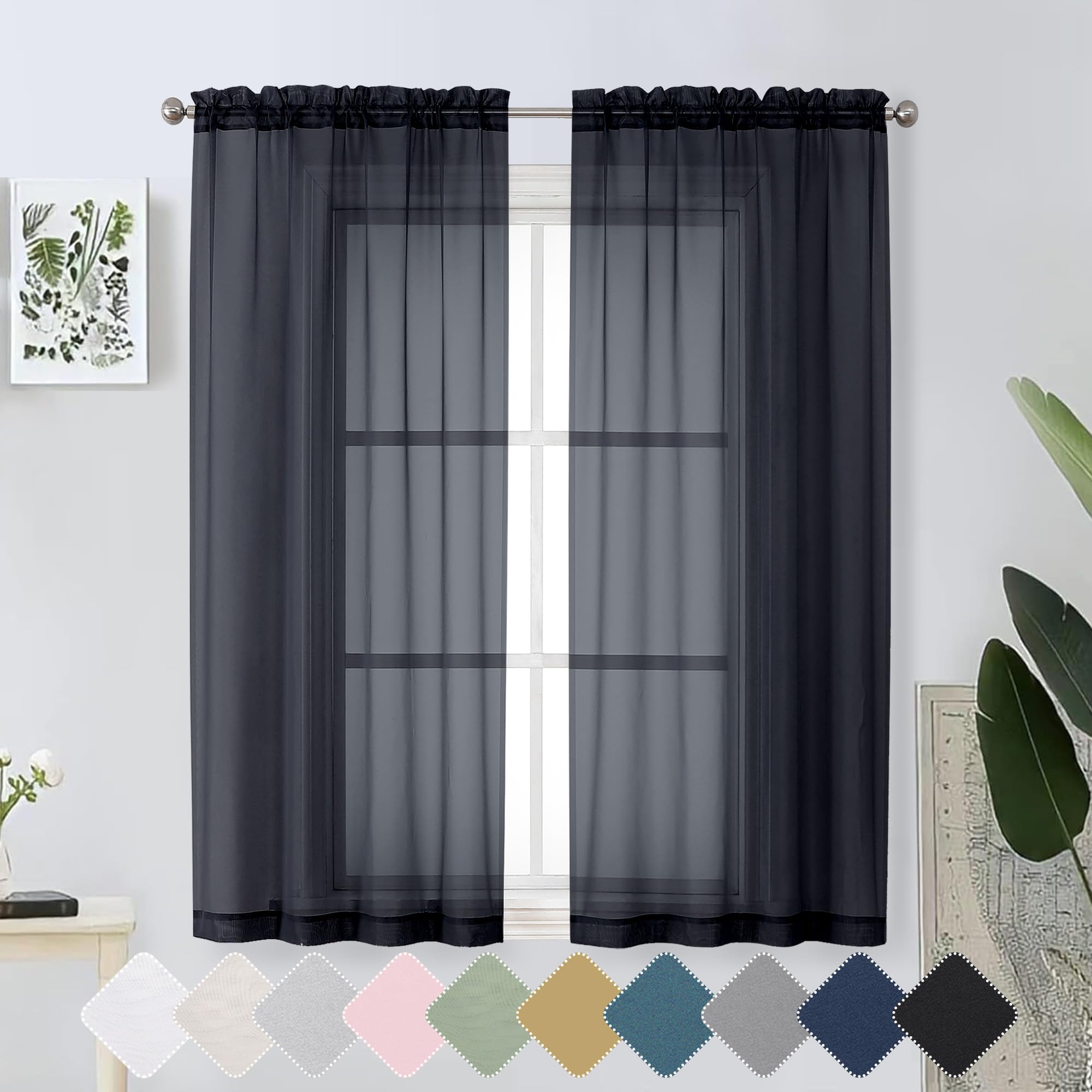 Photo 1 of Lecloud Black Sheer Curtains 63 Inch Length 2 Panels Set, Light Filtering Solid Black Voile Sheer Drapes for Window, Light & Airy Window Privacy Curtain for Bedroom Living Room, 42" Wx63 L Inches