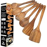6-Piece Teak Wooden Cooking Utensil Set – Spoons and Spatulas for Nonstick Cookware, Non-Scratch Heat-Resistant Eco-Friendly Kitchen Tools