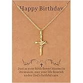 Lcherry Birth Flower Cross Necklace for Women - Gold Plated 12 Month Faith Pendent Necklace Religious Birthday Gifts for Women