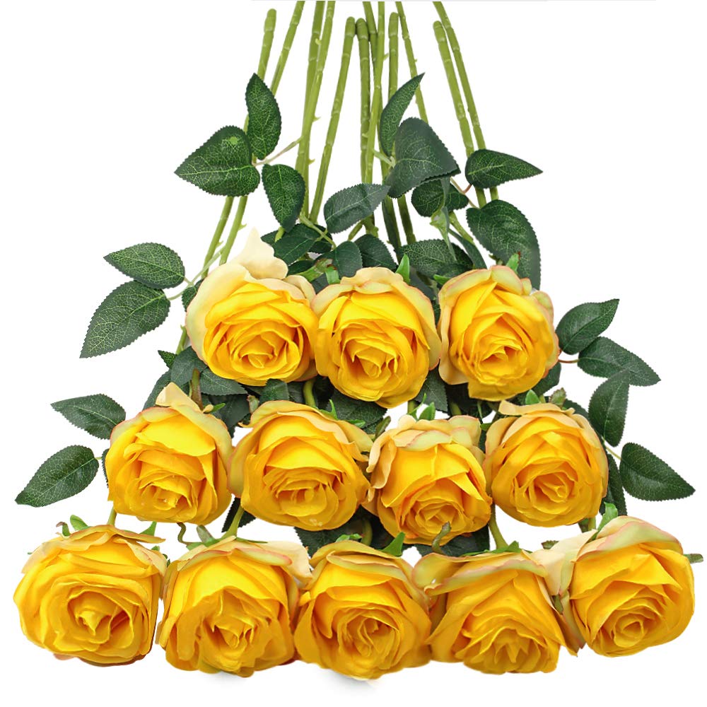 Tifuly 12 PCS Artificial Roses, 19.68'' Single Long Stem Fake Rose Silk Bridal Wedding Bouquet Realistic Flower for Home Garden Party Hotel Office Decor(Blossom Roses,Yellow)
