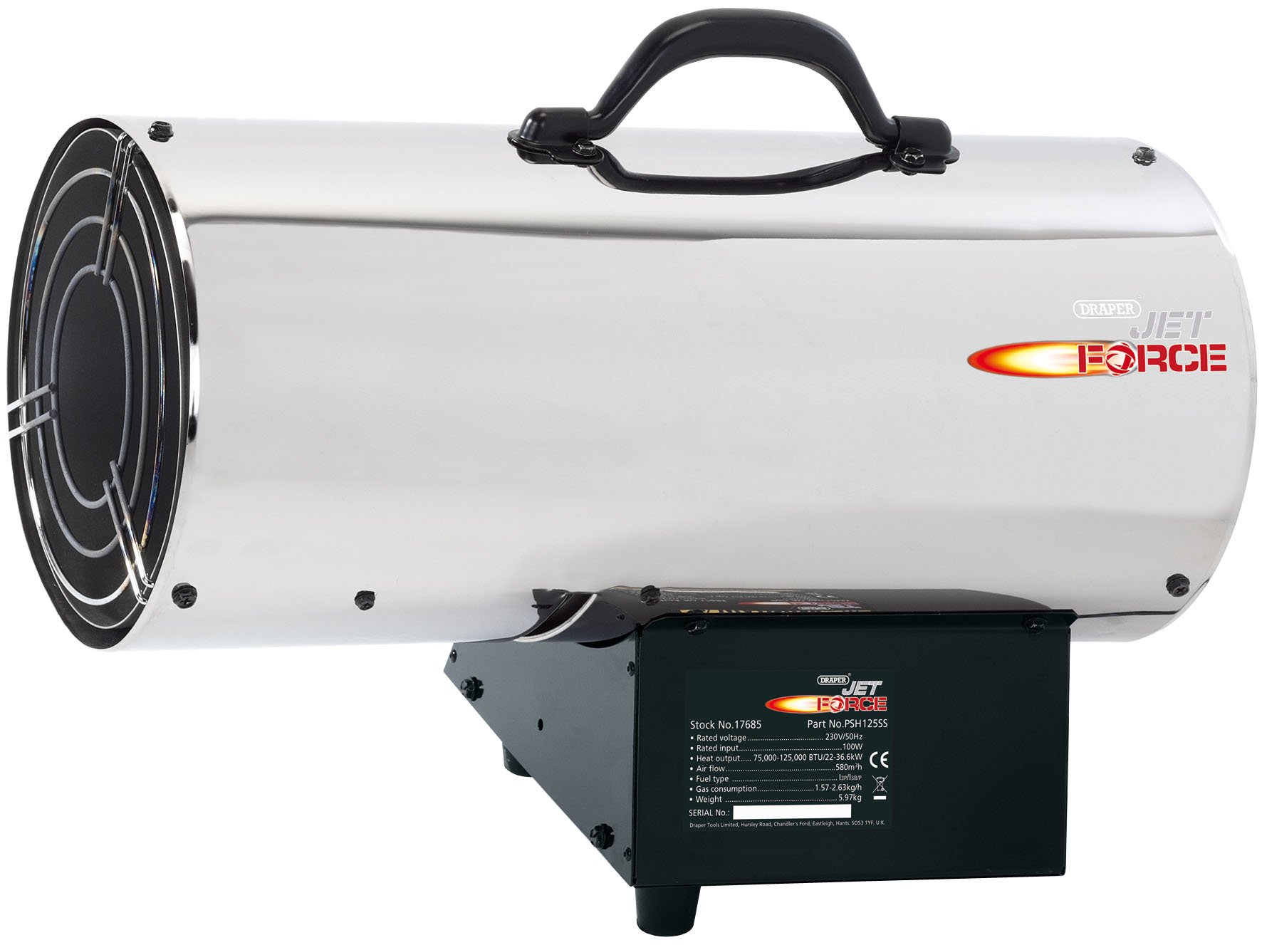 Draper 17685 Jet Force, Stainless Steel Propane Space Heater-125,000 BTU (37Kw), Silver