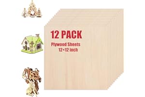 Basswood Plywood Sheets for Crafts 1/16"(1.5mm) x12"x12", 12 PCS Thin Plywood Wood Sheets for Laser Cutting and Engraving, Wo