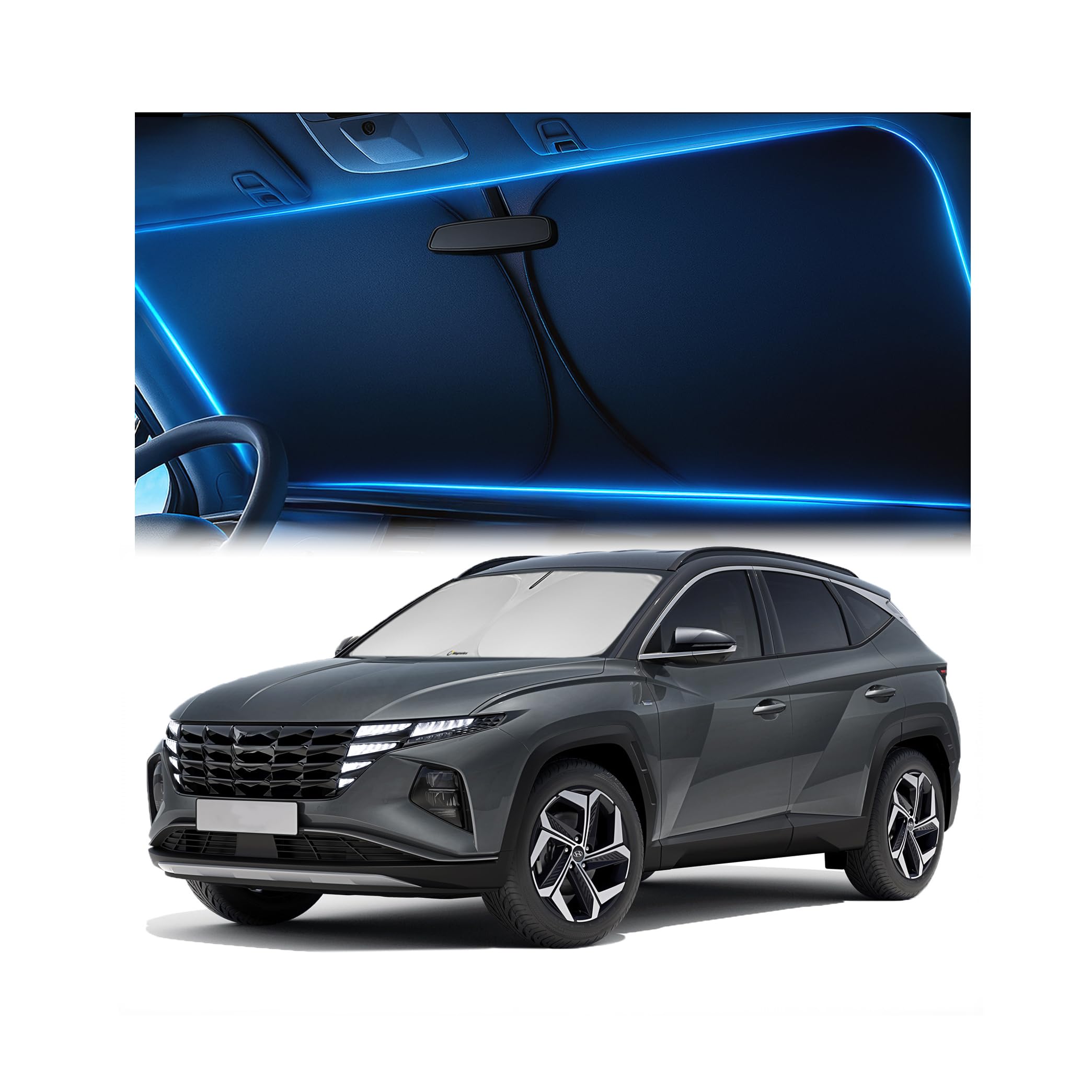 Photo 1 of Windshield Sunshade for Hyundai Tucson 2022 2023 2024 2025 - Innovative No-Light-Pass Technology, Mirror Cut-Out, Blocks 99% UV Rays, Fade-Resistant, Easy-Fold Tucson Windshield Sun Shade