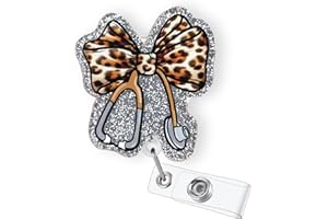 BYDEVIA Funny Stethoscope Leopard Bow Badge Reel Retractable for Nurse Nursing RN CNA LPN & Medical Assistant, Glitter Cheetah Print Bow ID Badge Holder with Alligator Clip & 24” Durable Nylon Cord | Acrylic