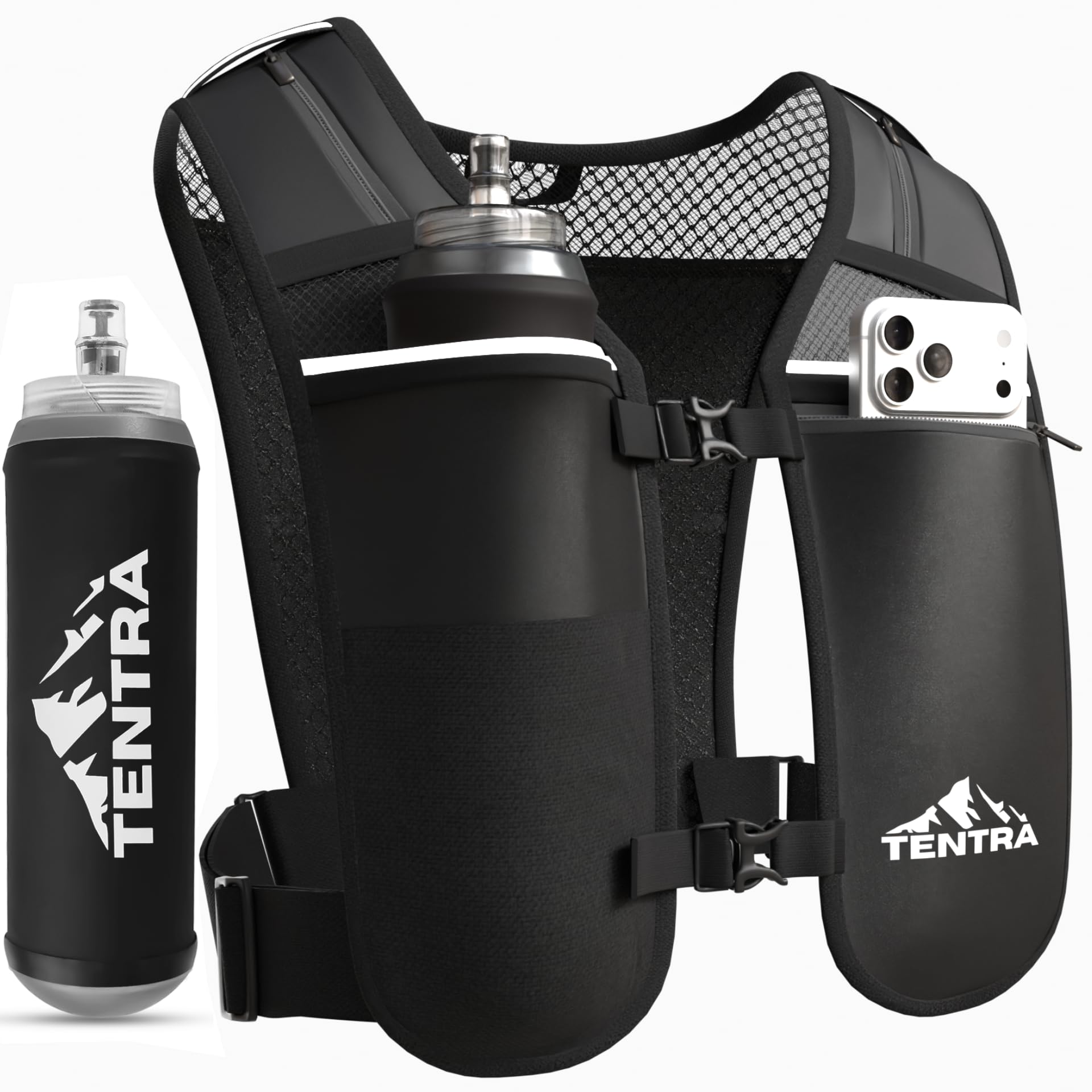 TENTRA Running Vest For Women Men With 500ml Water Bottle | Waterproof Phone Holder | Unisex Adjustable Reflective Vest | 8 Pockets, Lightweight Running Hydration Vest | Running Accessories