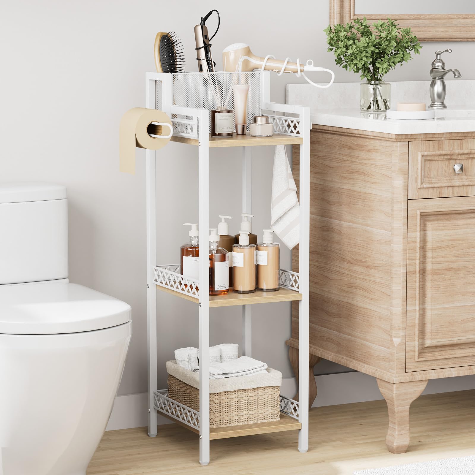 FURFUN Slim Bathroom Storage Shelf Unit, 3 Tier Corner Storage, Rustic Makeup Organizer, Space-Saving Floor Standing Storage Shelves for Bathroom, Vanity,Kitchen, Laundry 9.85im Matte White