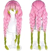 Aicos Pink Mix Green Cosplay Wigs for Women Long Braid Mitsuri Cosplay Wig with Bangs, Heat Resistant Pink Green Long Hair Wigs for Halloween Party