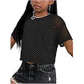 Floerns Girl's Y2k Netted Mesh Shirt Short Sleeve Crew Neck Street Crop Tops