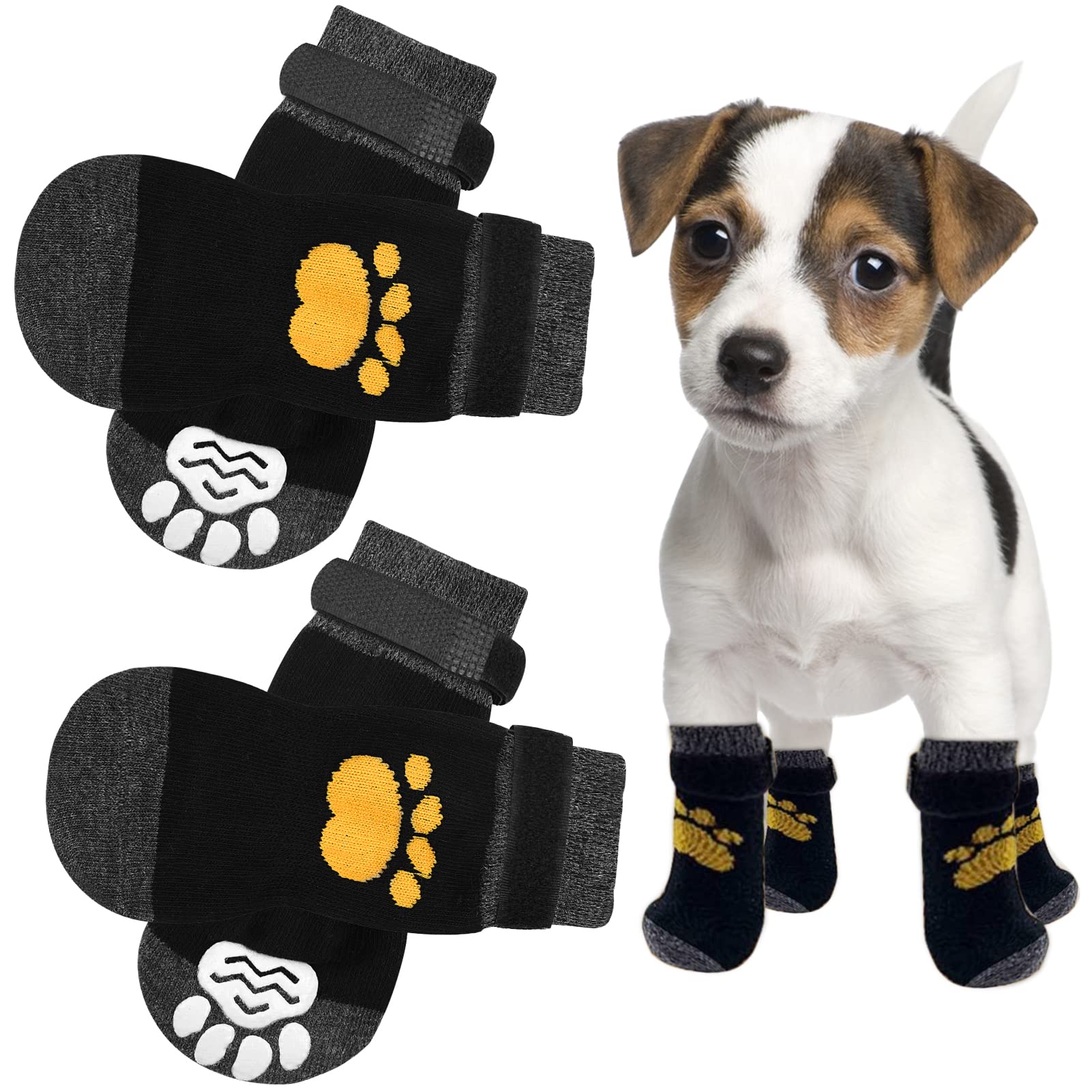 2 Pairs Anti-Slip Dog Sock Paw Protector Boots with Adjustable Strap for Puppy Indoor/Outdoor Hardwood Floor Walking