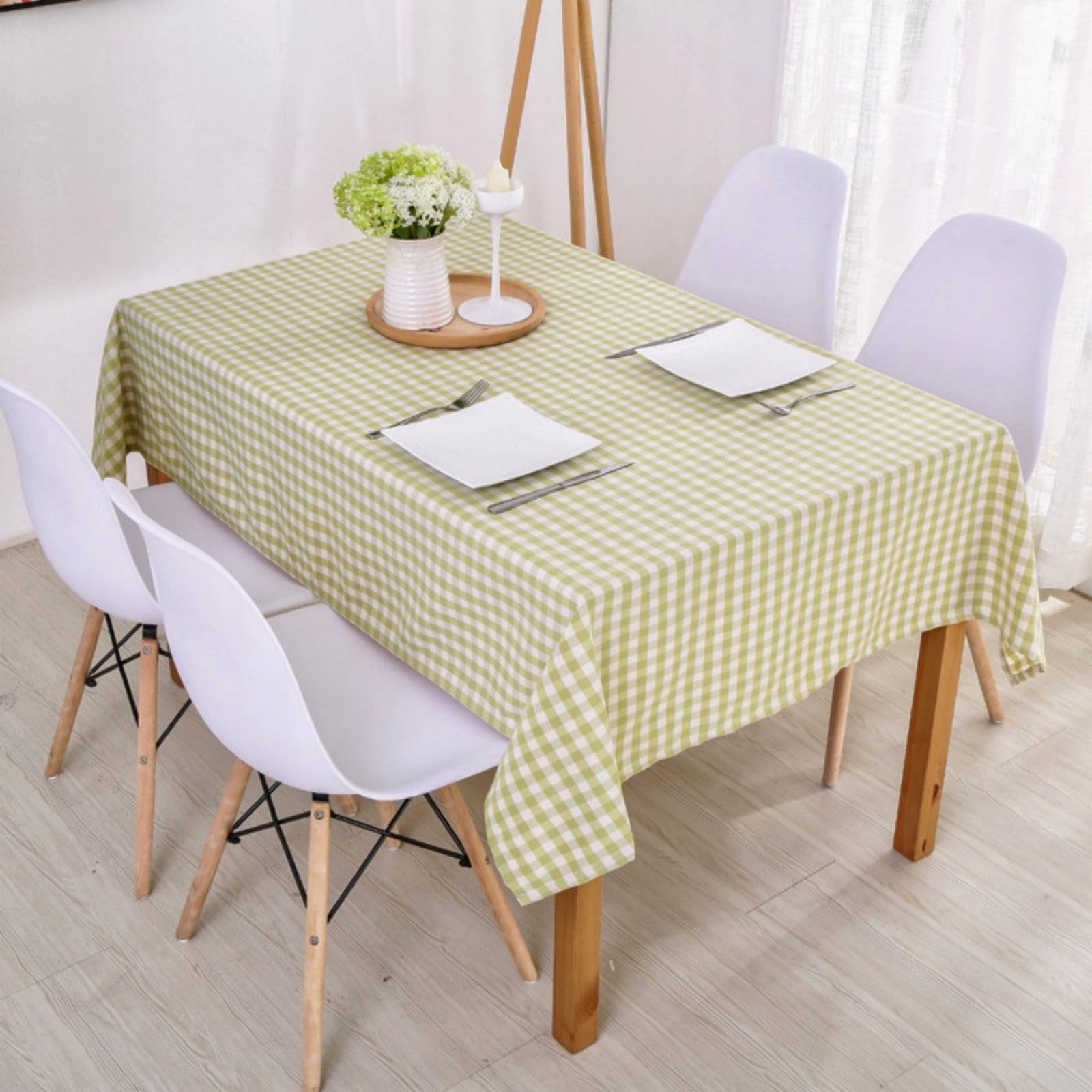 Wonhomke Simple Small Plaid Table cloth Polyester Cotton Tablecloth Square Tablecloth Rectangular Party Banquet Dining Table Cover (Light Green, 140 * 180CM(55.1 * 70.8in))