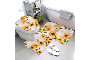 Jbofyee Retro Sunflowers 3 Piece Bathroom Rugs Set, Bath Mat + Contour Mat + Toilet Seat Cover, Non-Slip Soft Microfiber Sunshine Floral Bathmat for Tub Shower Room Decor, Machine Washable
