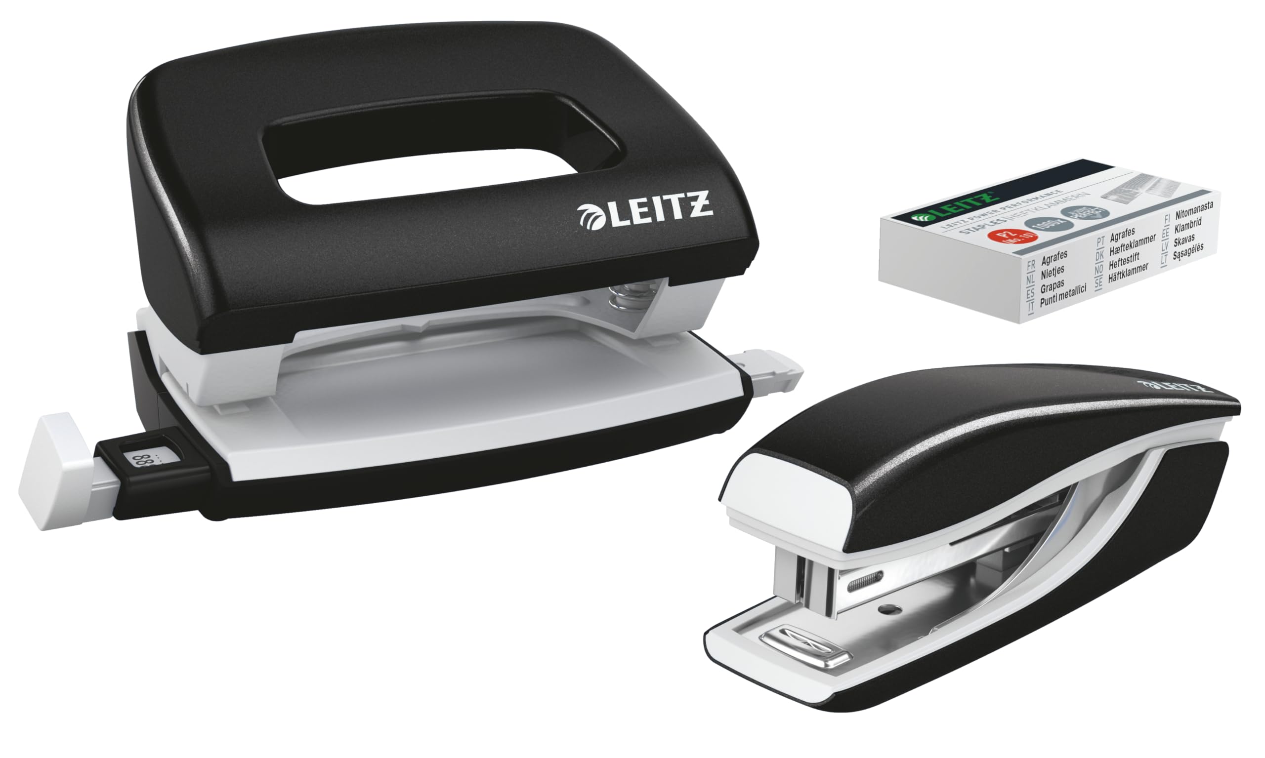 Leitz 55612095 Mini Stapler and Hole Punch Set, Staple or Punch Up to 10 Sheets, Includes P2 N°10 Staples, WOW Range, Black