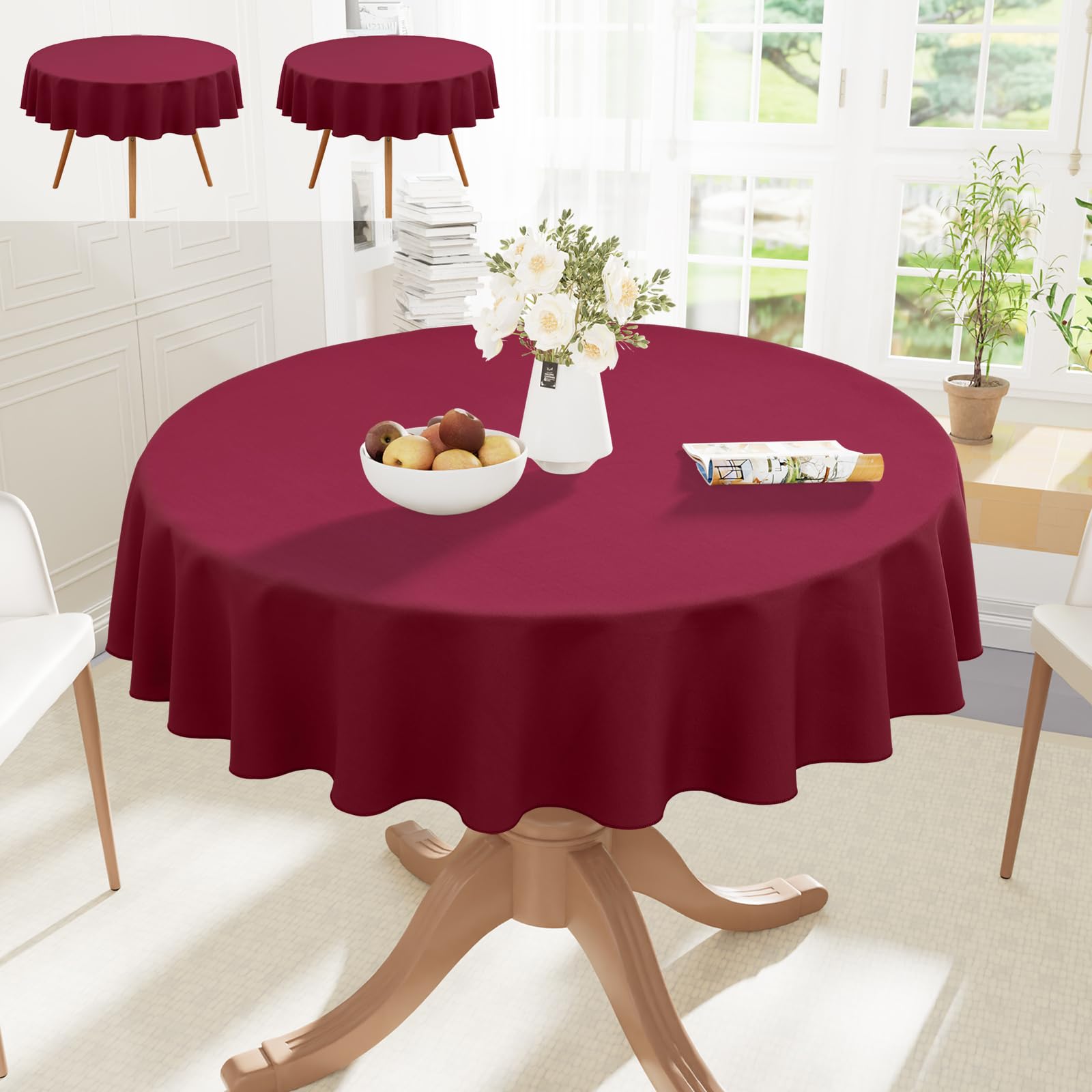 smiry Table Cloth Round 150 cm Pack of 2 - Washable Fabric Dining Tablecloth, Dust-Proof Polyester Table Cover for Party Garden Kitchen Outdoor, Wine Red