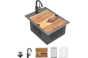 Fulorni 15"x20" Drop In Bar Prep Sink Workstation – Gunmetal Black NANO-PVD, 16 Gauge 304 Stainless Steel, Single Bowl Top Mount Wet Bar RV Outdoor Kitchen Sink with Faucet