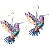 Hummingbird Earrings for Women, Sterling Silver Hypoallergenic Dangling Earrings, 2D Acrylic Blue Purple Colorful Cute Humming Bird Dangle Trendy Jewelry