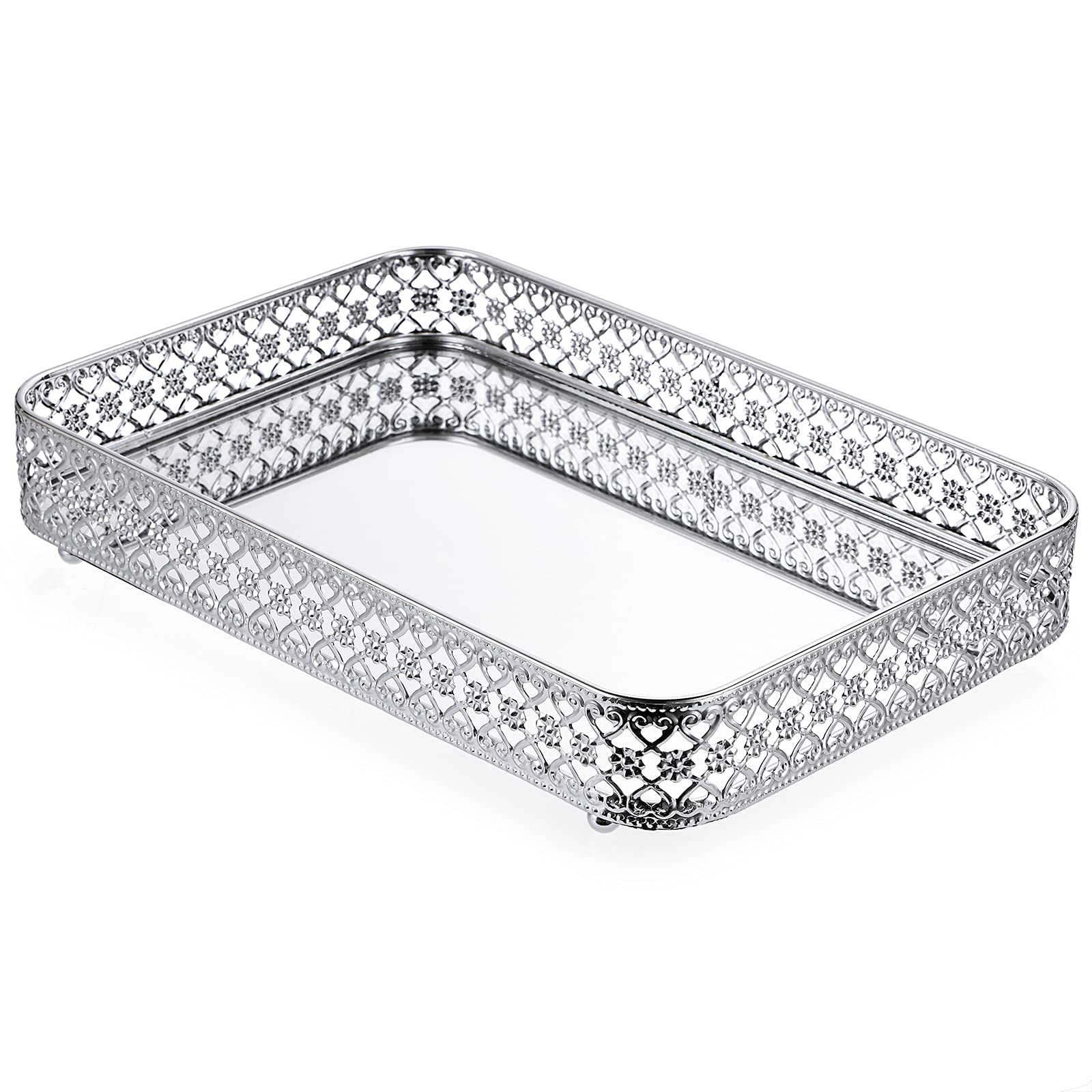 BSTKEY 30x20cm Vanity Mirror Tray Jewelry Trinket Tray, Decorative Tray for Cosmetic Makeup Dresser Bathroom Bedroom Countertop Organizer (Silver)