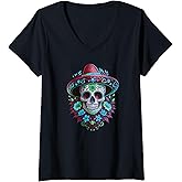 Womens Halloween Sugar Skull Skull Dia De Los Muertos Calavera V-Neck T-Shirt