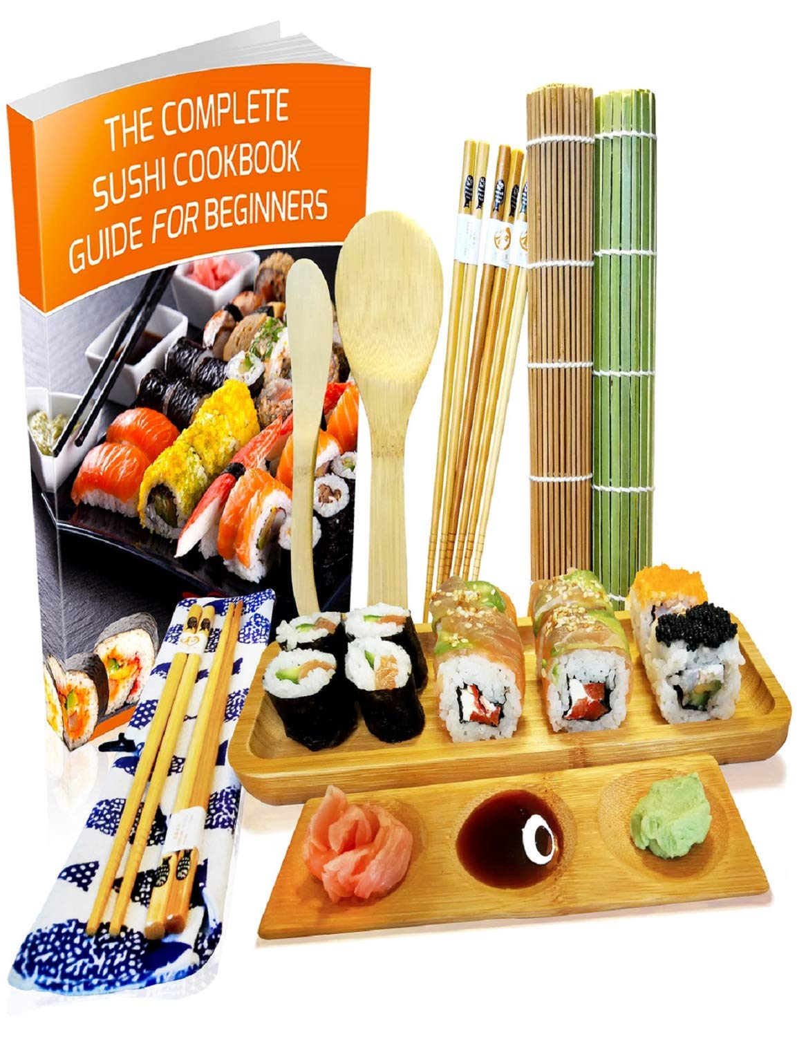 Sushi Making Kit 11 Pcs - Bamboo Sushi Rolling Mat and Serving Set - Make Your Own Sushi at Home - 2 Mats, 5 Pairs Chopsticks with Bag, Paddle, Spreader, Serving Platter, Triplet Sauce dish with Book — image 1