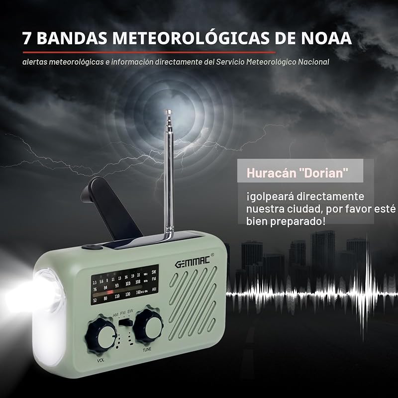 Radio de Emergencia Portátil, FM/Am Emergency Radio con Solar Recargable Radios de Dinamo con Manivela con Linterna LED y Luz de Lectura 2000mAh Powerbank SOS Alarma USB de Camping al Aire Libre — foto 7 de 7