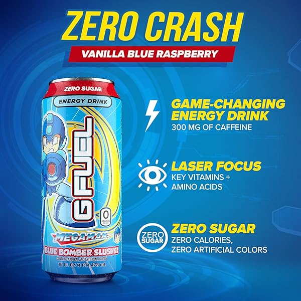 G FUEL ENERGY DRINK, BLUE RASPBERRY, SUGAR FREE BEVERAGE WITH 300MG CAFFEINE, DAILY ENERGY BOOST WITH FOCUS AMINO, VITAMIN + ANTIOXIDANTS, 16 OZ CANS (MEGAMAN BLUE BOMBER, 12-PACK)