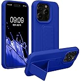 kwmobile Case Compatible with iPhone 15 Pro Max - Case with Hand Strap and Stand Soft TPU Silicone Coating - Baltic Blue