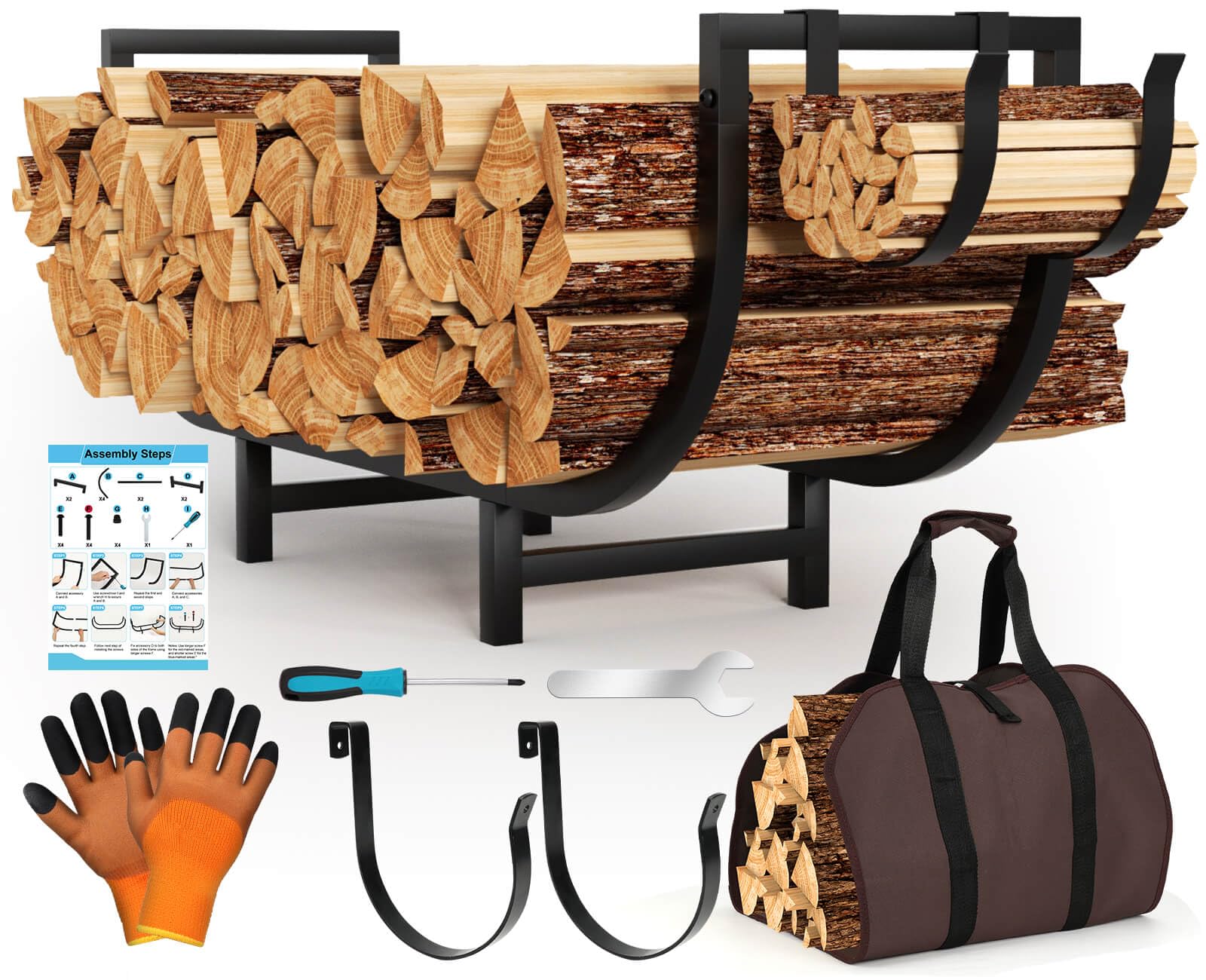 Photo 1 of Tetutor 35 Inch Firewood Rack Indoor Outdoor with Firewood Carrier, Metal Small Indoor Wood Rack,Heavy Duty Firewood Holder with Kindling Hooks, Sturdy Fireplace Log Holder Fire Wood Storage Racks