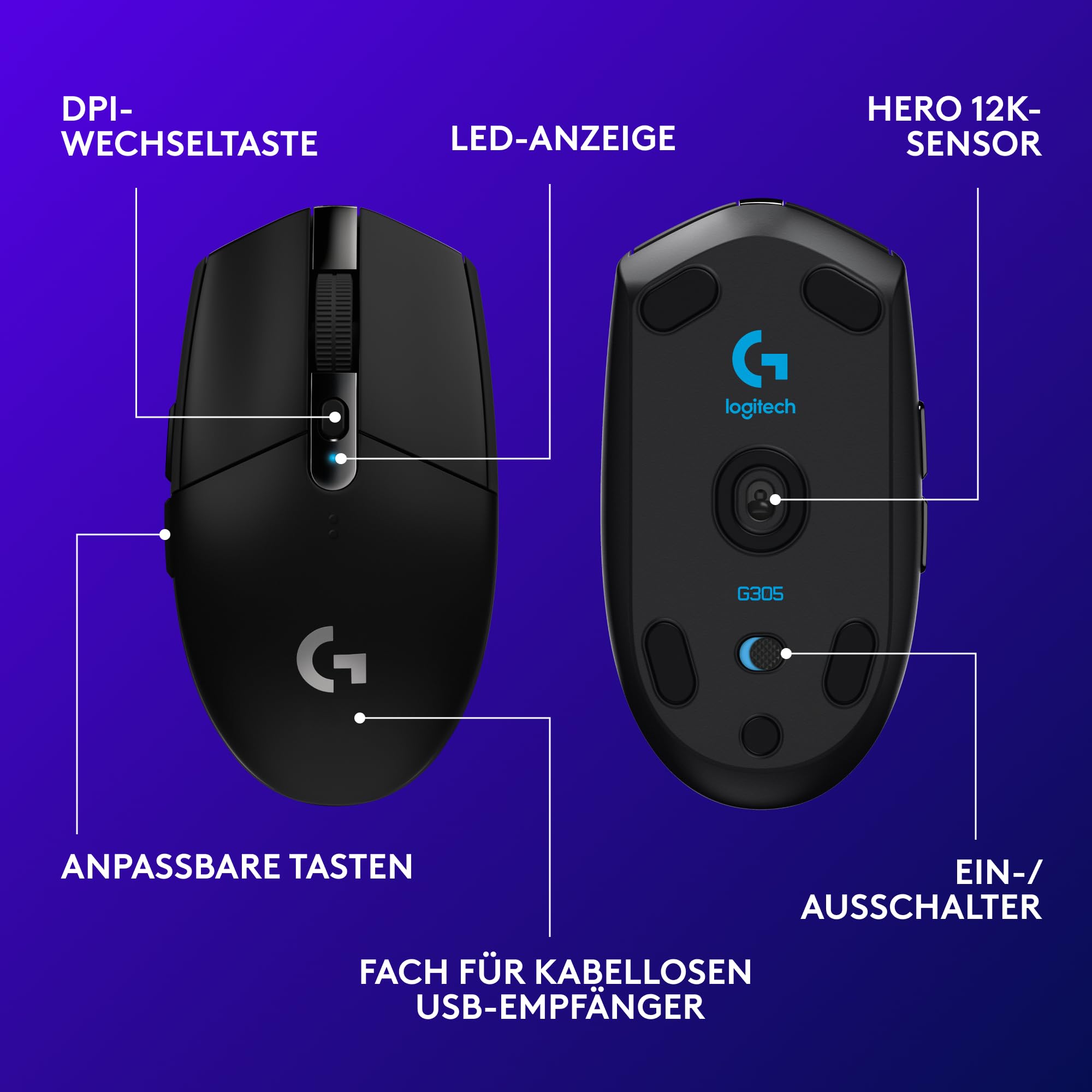 Logitech G305 LIGHTSPEED kabellose Gaming-Maus mit HERO 12K DPI Sensor, Wireless Verbindung, 6 programmierbare Tasten, 250 Stunden Akkulaufzeit, Leichtgewicht, PC/Mac - Schwarz 6