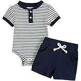 Hihosdor Baby Boy Outfits Ribbed Short Sleeve Striped Romper Top Solid Shorts with Pocket Baby Boy Summer Clothes 0-18M
