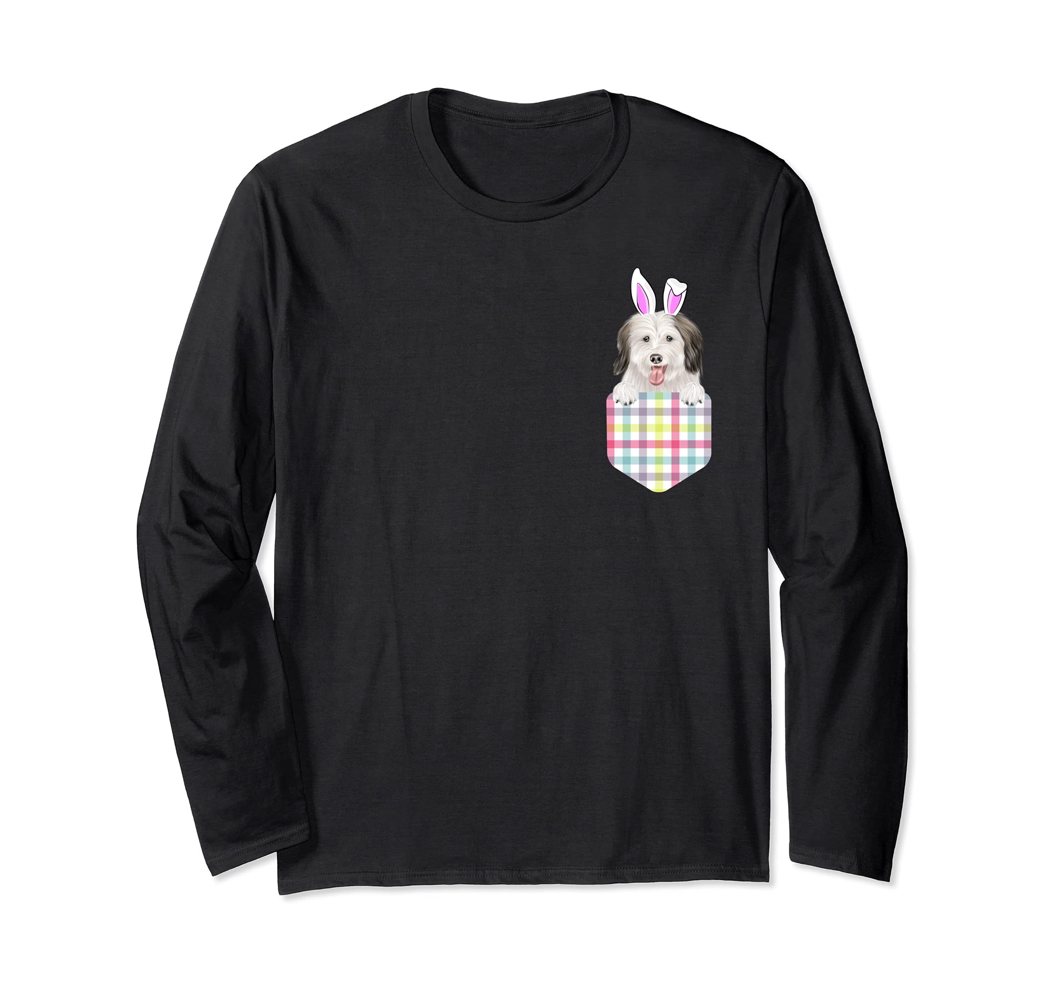 Easter Plaid Coton de Tulear Bunny Dog In Pocket Long Sleeve T-Shirt