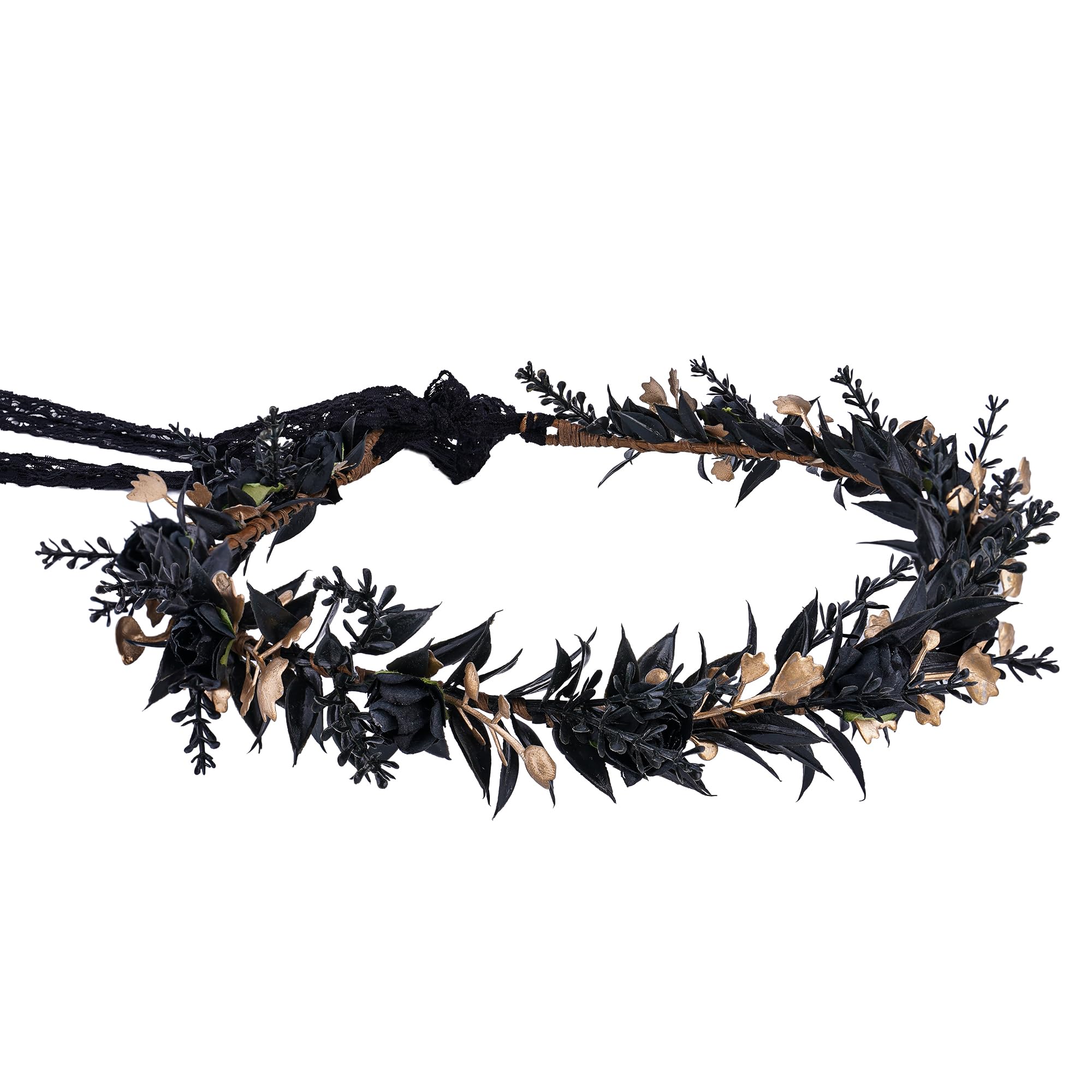 MOSTORY Black Elf Flower Crown Gothic Floral Headband Medieval Accessories for Halloween Cosplay