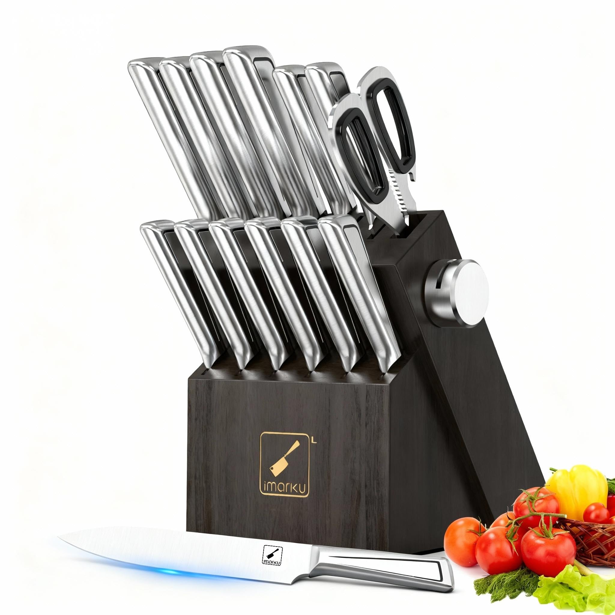 imarku Knife Set with Knife Block, 14-Piece High Carbon Stainless Steel Kitchen Knives with Built-in Sharpener, Dishwasher Safe,Ideal for Home or Wedding Gifts Image