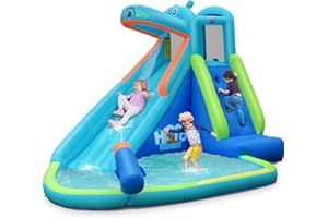 BOUNTECH Inflatable Water Slide, Hippo Water Slide Park Jump Castle Bounce House w/Long Slide, Climbing, Water Cannon, Splash Pool, Backyard Blow up Hippo Water Slides Inflatables for Kids Outdoor