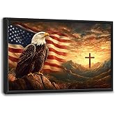 Trulave Large Bald Eagle American Flag Wall Art for Living Room 36''x24'' | Framed Christian Cross Canvas Wall Decor Eagle Picture Painting Modern Artwork for Bedroom Office