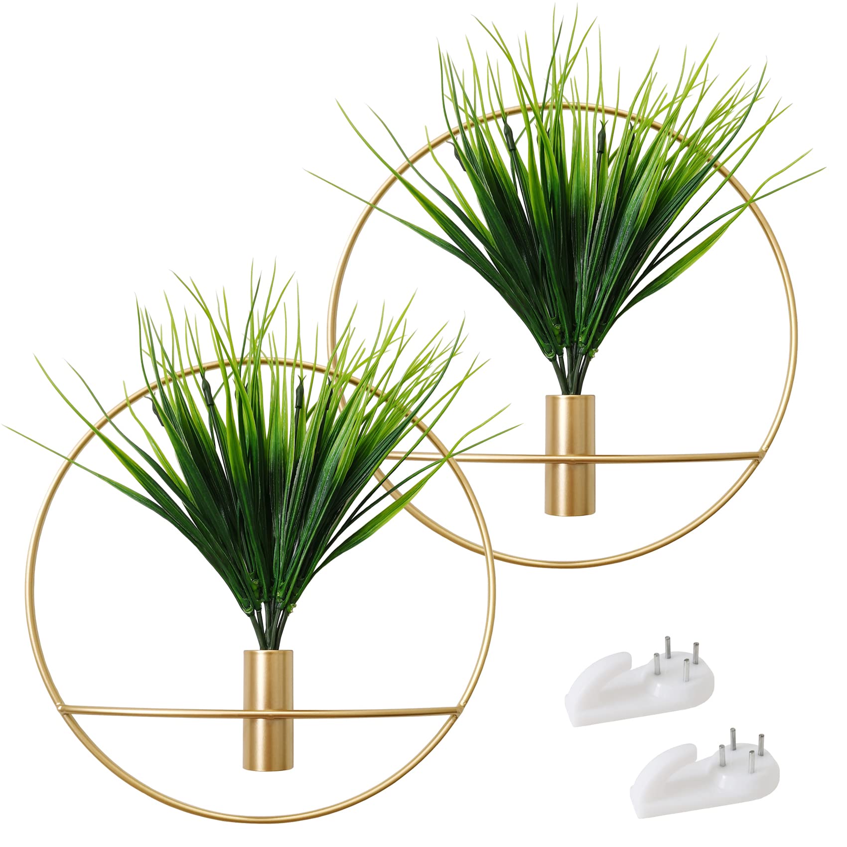 Photo 1 of SAJANDAS Set of 2 Artificial Plants with Gold Metal Round Hanging Hoop for Wall Decor, Wall-Mounted Green Fake Plants in Metal Hoop for Modern Home Decor, Gold Wall Decor for Bedroom, Living Room