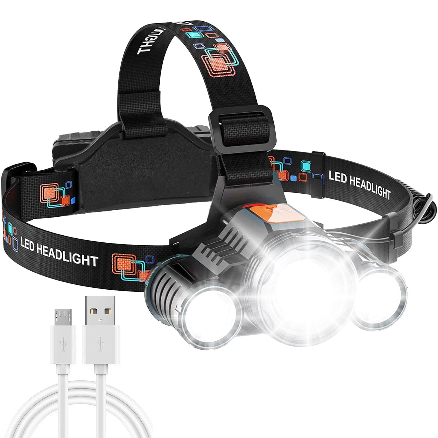 Lorrtta Head Torch Rechargeable Headlamp Running Head Torch LED Rechargeable with 3 Lights 4 Modes 6000 Lumen Headtorch LED Super Bright for Running Camping Fishing Cycling Hiking IPX5