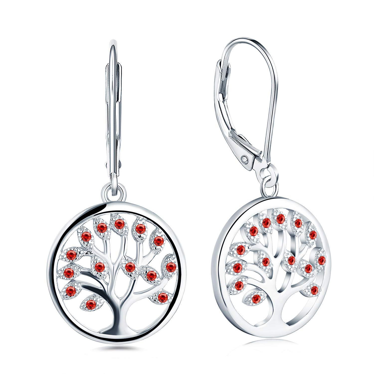 JO WISDOM Women Earrings,925 Sterling Silver July Birthstone Ruby Color Family Tree of Life Drop & Dangle Earrings