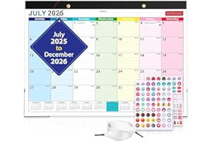 Saiwiimody 2026 Calendar with Stickers and Clear Waterproof Cover 17 x 12 inch 18 Months JUL. 2025-DEC. 2026 School Year Teac