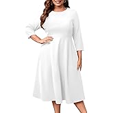 Runwind Women's Plus Size Midi Dress Classy High Waist Wedding Guest Dress Casual Crew Neck 3/4 Sleeve A-Line Swing Dresses