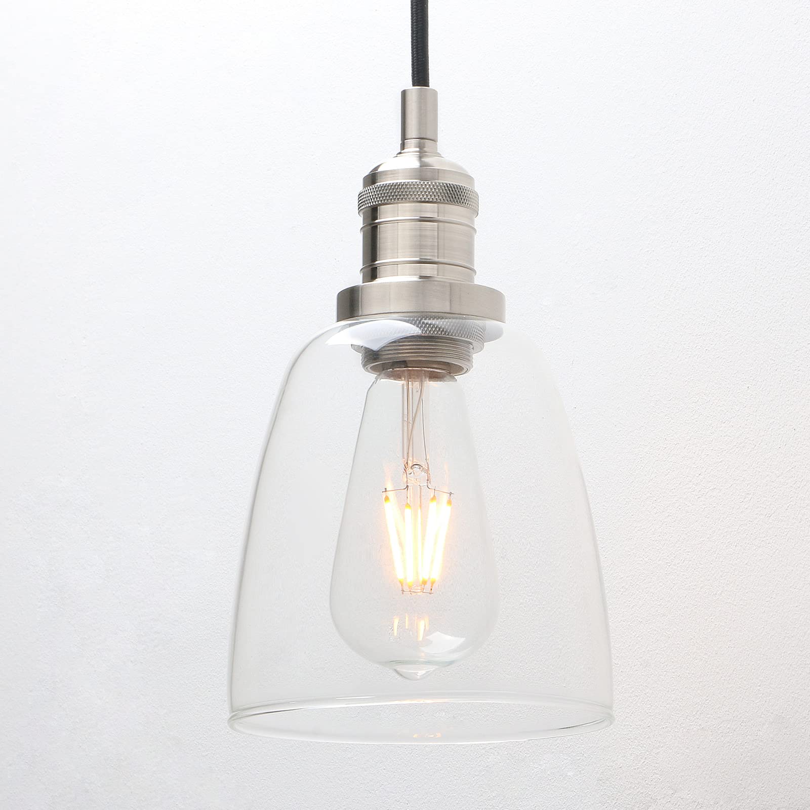 Phansthy Retro Pendant Light Industrial Ceiling Lights with 2m Adjustable Cloth Wire Clear Glass Kitchen Dining Room Hanging Light for E27 Edison Bulbs (Brushed)