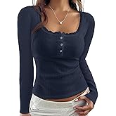 KIGRAD Women Y2k Lace Trim Scoop Neck Button Pointelle Crop Tee Tops Slim Fit Long Sleeve Aesthetic Fall Henley T Shirts