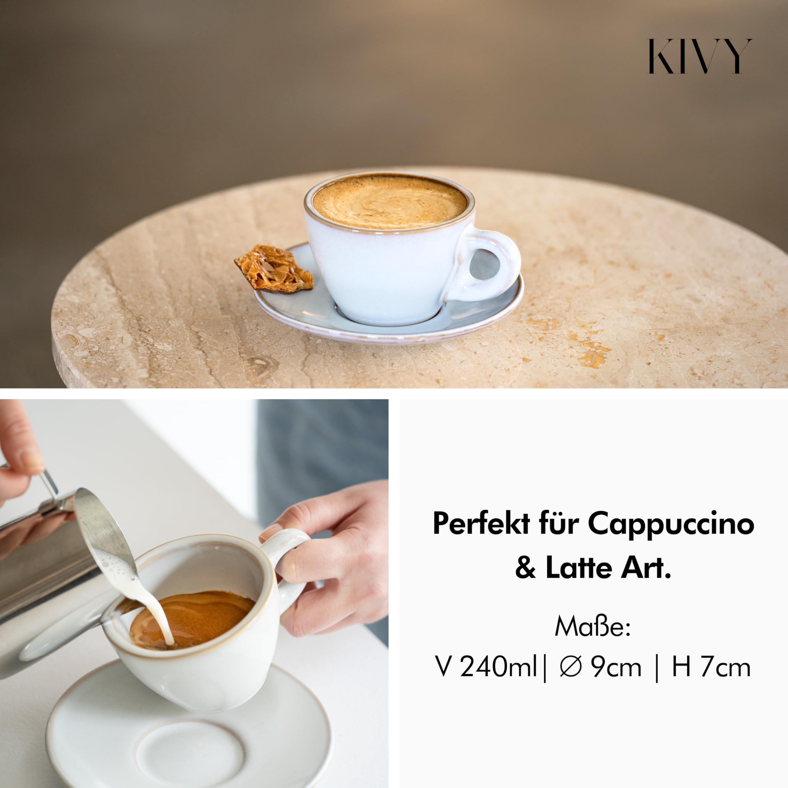 KIVY Cappuccino Tassen Dickwandig [4 x 240ml] - Handgefertigte Steingut Tasse - Kaffeetassen mit Untertassen - Cappuccinotassen Grau Blau- Milchkaffee Tassen Groß - Cappuccino Tasse mit Untertasse 4