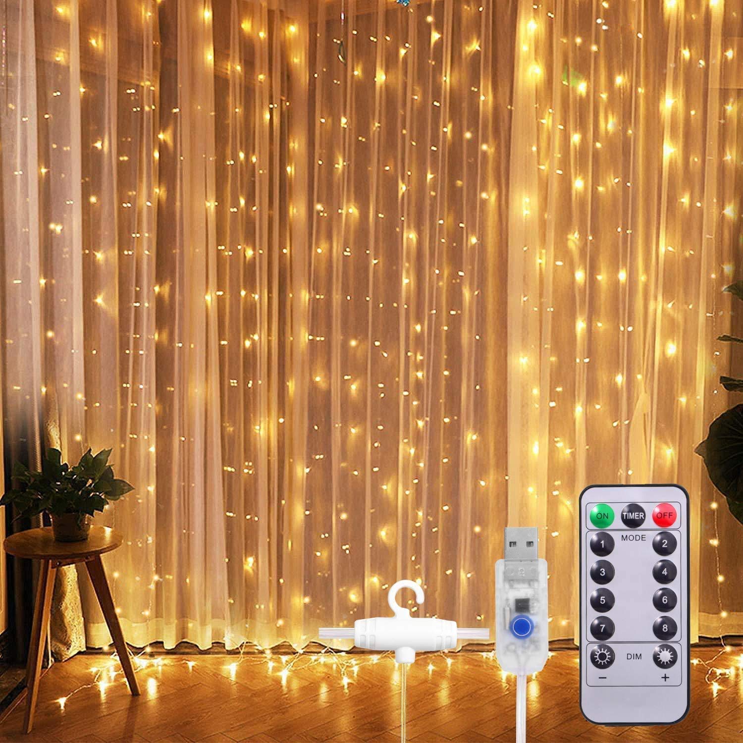 LED Curtain Fairy Lights, Main Powered 3M 3M USB Plug-in Window String Light, Copper Wire Lighting 8 Modes Remote Control Starry Icicle Lights for Bedroom Mood Wedding Décor with Music Function