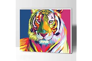Komking Paint by Numbers for Kids and Adults Framed Canvas, DIY Acrylic Painting Kits for Art Crafts Gift, Colorful Tiger 12x16inch