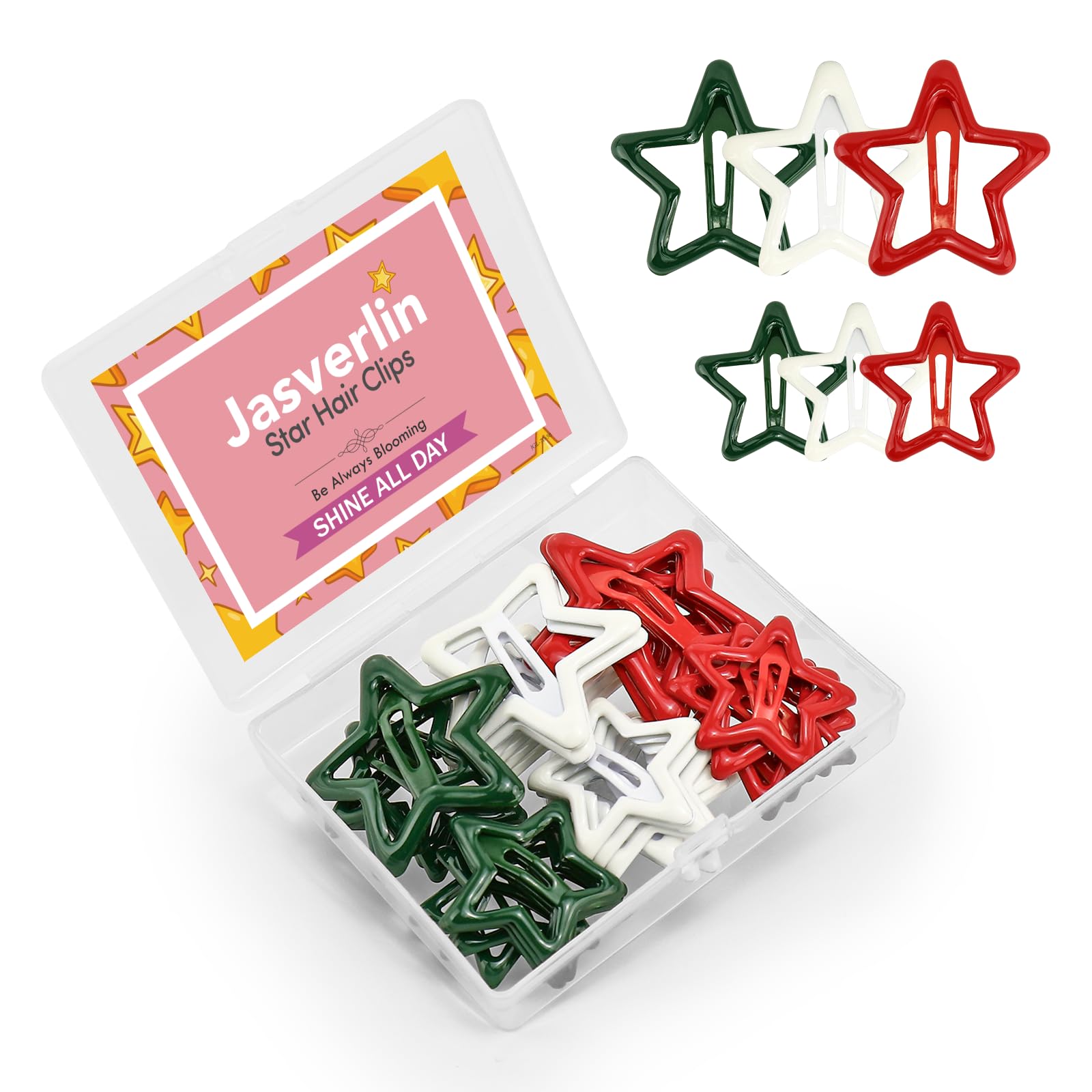 JASVERLIN White Green Red Star Hair Clips Accessories for Girls Women Kids, Metal Snap Barrettes Cute Colorful Pins for Party Rave Large & Small Size 36pcs (Christmas)