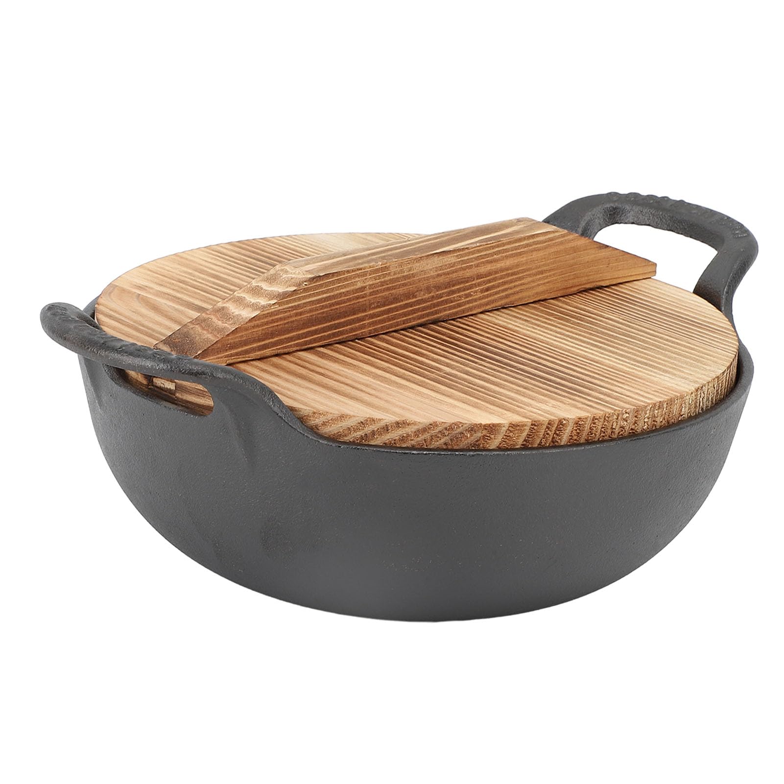 Photo 1 of Cast Iron Wok with Handle for Authentic Asian Cooking, Wooden Lid, Flat Base for Easy Cooking (25cm)