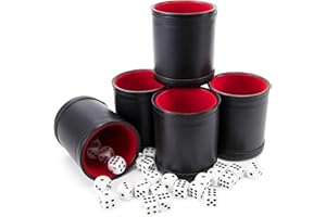 Brybelly Dice Set with Dice Shaker Cup - Perfect for Casino Dice Game for Family Leather - Poker Dice Shaker - 5 Red Lined Dice Cups and 25 Dice Sets