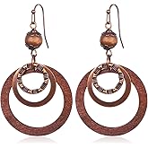 Boho Wooden Dangle Earrings Brown Circle Wood Earrings Lightweight Vintage Carved Drop Earring for Women Jewelry