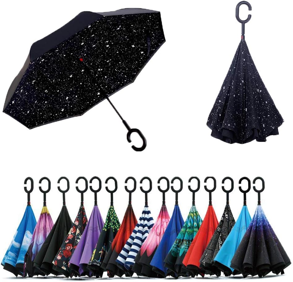 Jooayou Double Layer Inverted Umbrella, C Shape Handle Reverse Folding Umbrella, Anti-UV Windproof Travel Umbrella with Carrying Bag
