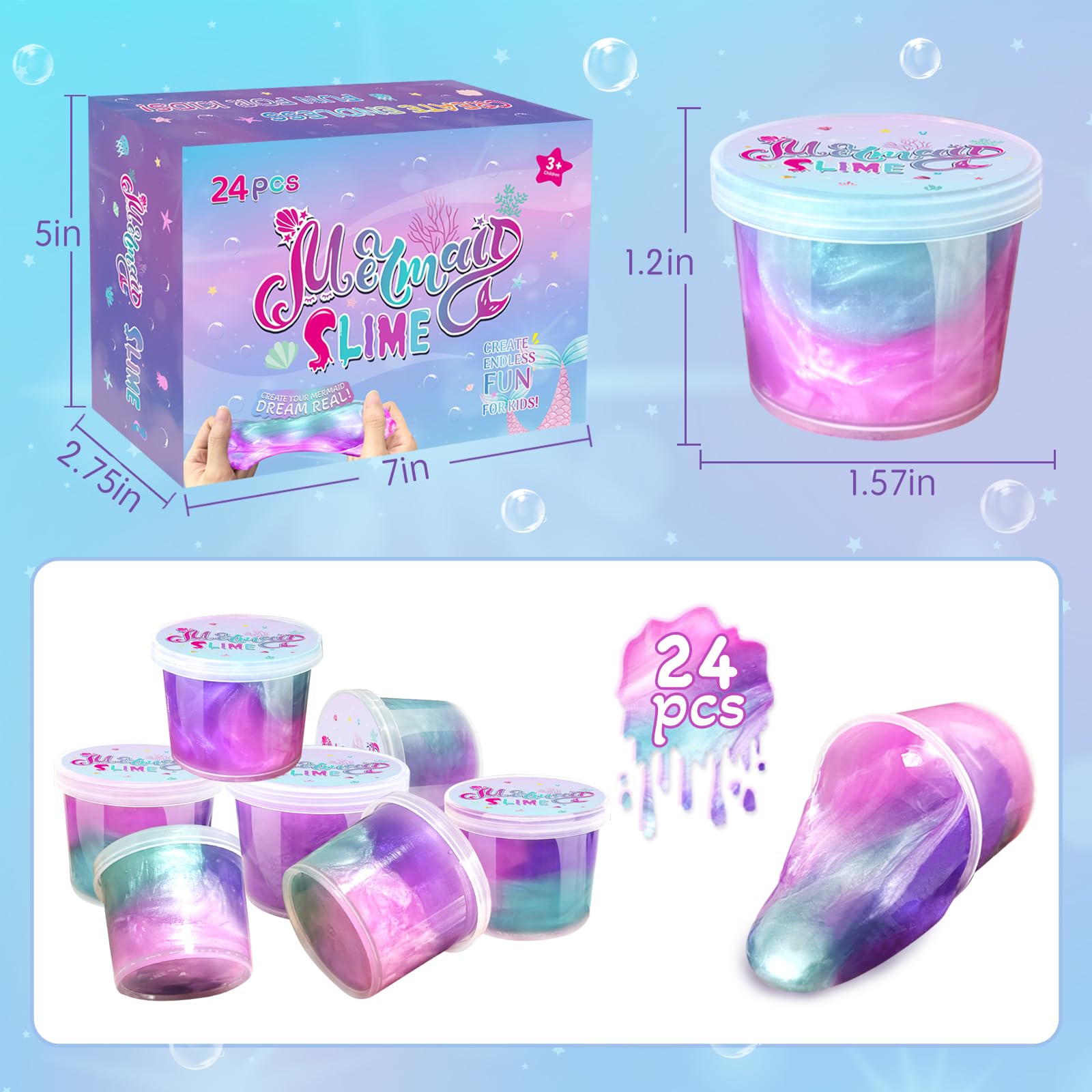 24 Pack Mermaid Slime Party Favors for Kids Slime Cup Bulk DIY Stress Relief Putty Toy Christmas Easter Birthday Goodie Bag Stuffer Classroom Reward for Girls Boys Stretchy Non-Sticky