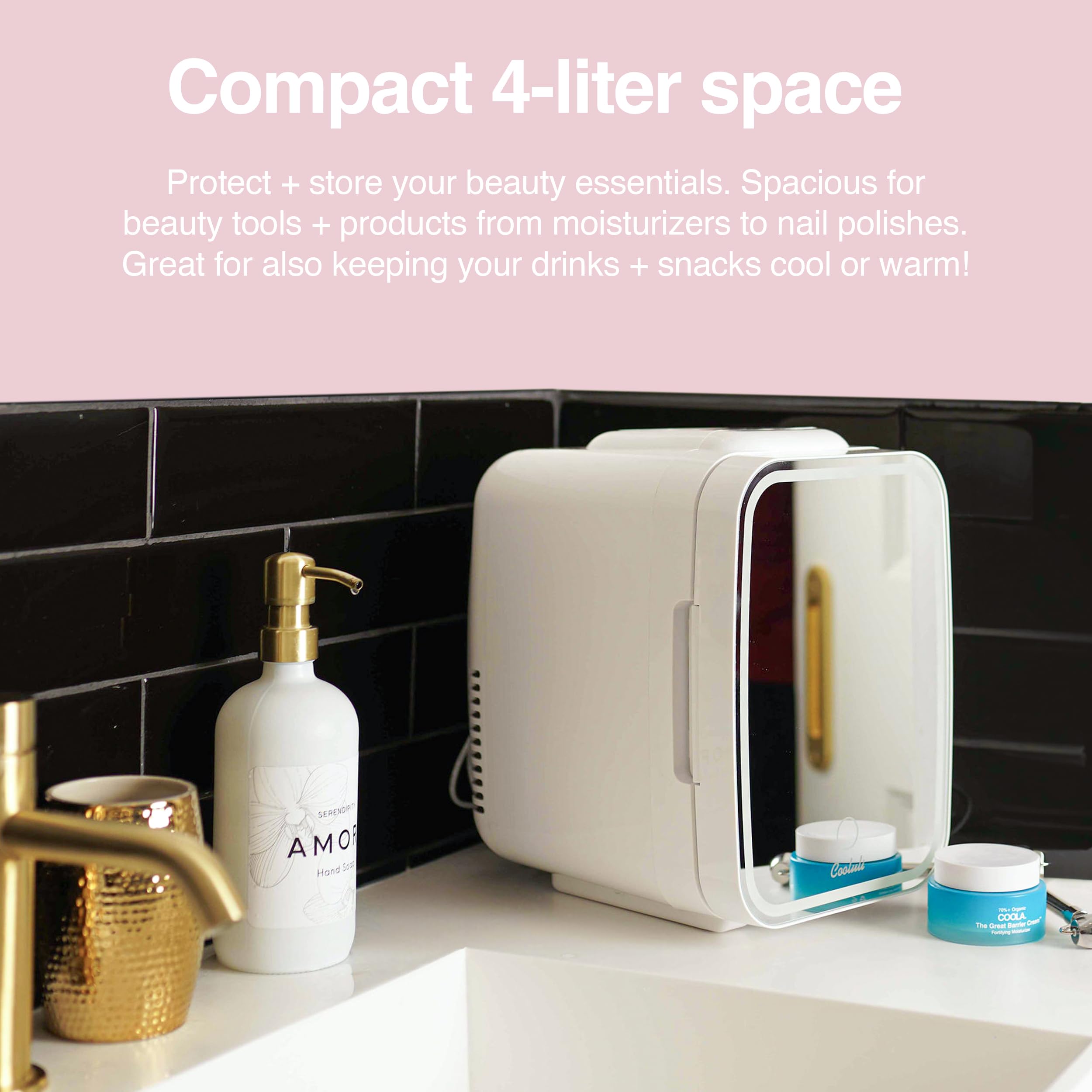 Cooluli CL4L2WM-E Glow 4L Mini Fridge, 4 Liter, White Mirror LED